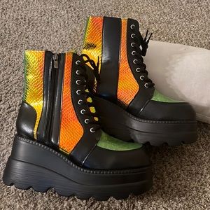 Green faux snake skin platforms